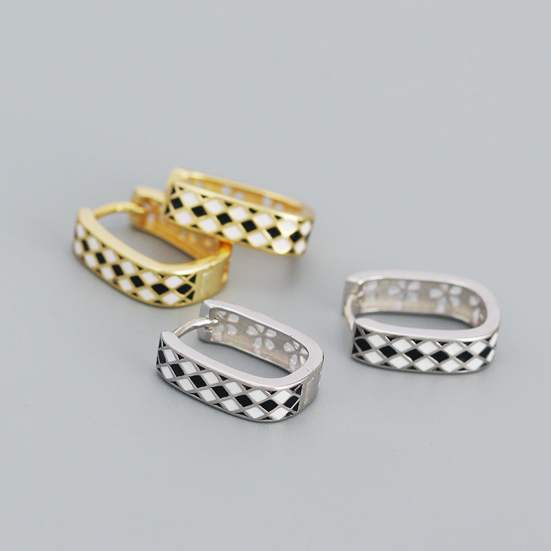Lovcia Geometry Black White Chess Board Huggie Hoops-Earrings-Yellow Gold-Yellow Gold