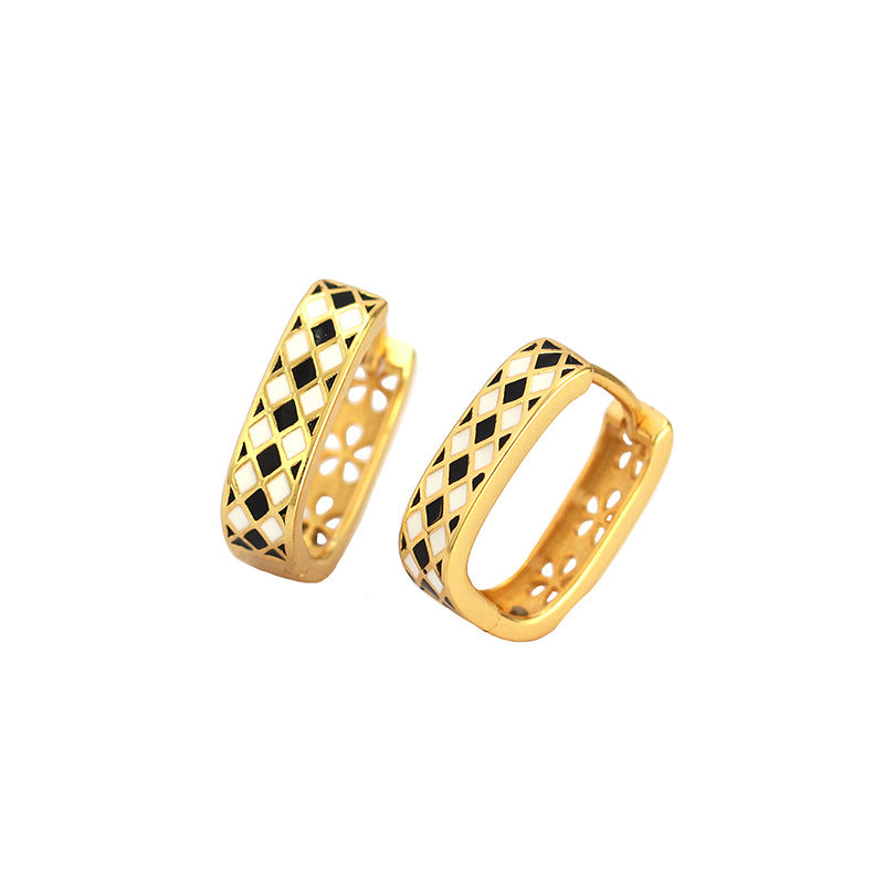 Lovcia Geometry Black White Chess Board Huggie Hoops-Earrings-Yellow Gold-Yellow Gold