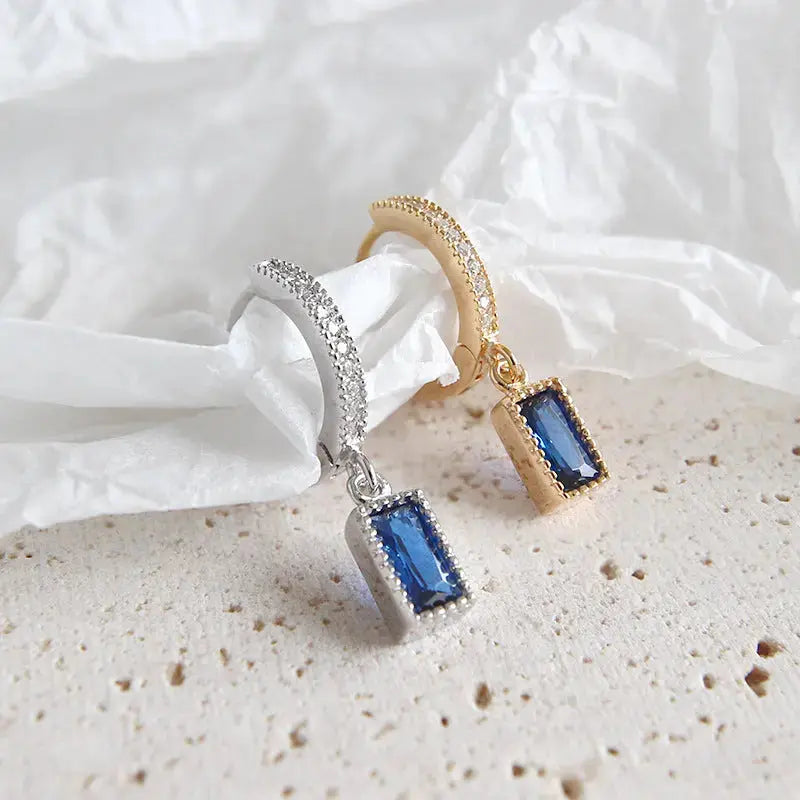 Lovcia Geometry Blue CZ Rectangle 925 Silver Dangling Earrings (Single Piece)-Earrings-Silver-Silver