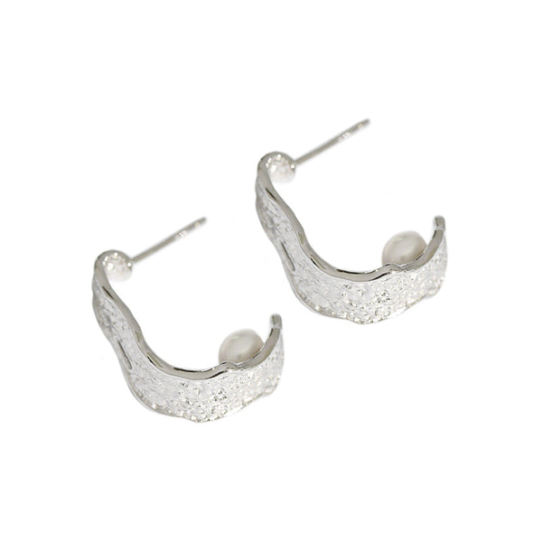 Lovcia Geometry C Shape Pearl Stud Earrings 5mm 925 Silver-Earrings-Rhodium-Rhodium