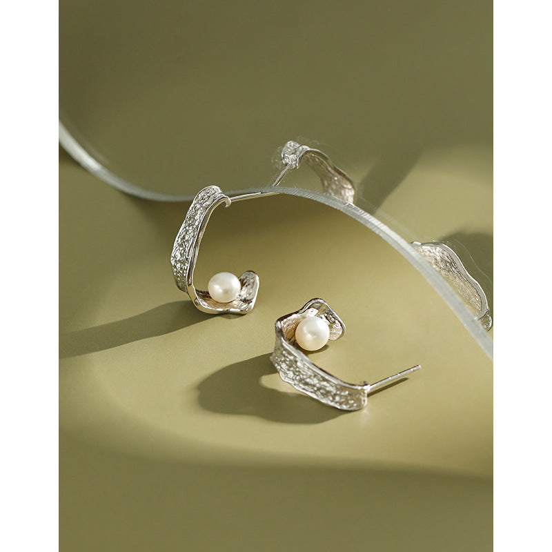 Lovcia Geometry C Shape Pearl Stud Earrings 5mm 925 Silver-Earrings-Rhodium-Rhodium