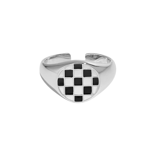 Lovcia Geometry Chessboard Ring 925 Silver Adjustable-Rings-Rhodium-Rhodium