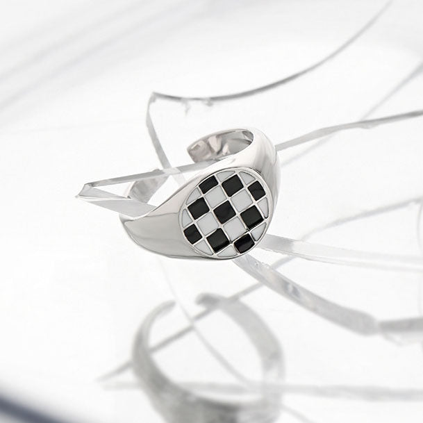 Lovcia Geometry Chessboard Ring 925 Silver Adjustable-Rings-Rhodium-Rhodium