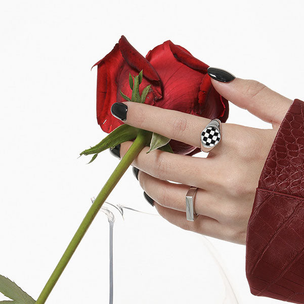 Lovcia Geometry Chessboard Ring 925 Silver Adjustable-Rings-Rhodium-Rhodium