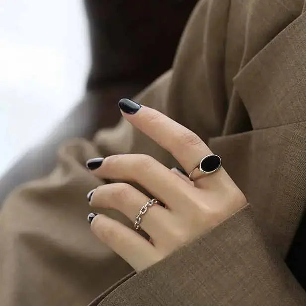 Lovcia Geometry Created Black Agate 925 Sterling Silver Adjustable Ring-Rings-Index Fnger Ring-Index Fnger Ring