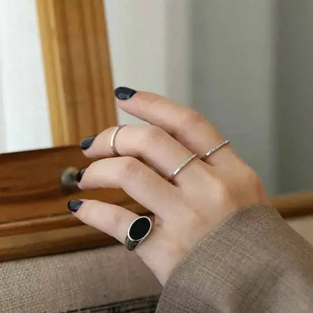 Lovcia Geometry Created Black Agate 925 Sterling Silver Adjustable Ring-Rings-Index Fnger Ring-Index Fnger Ring