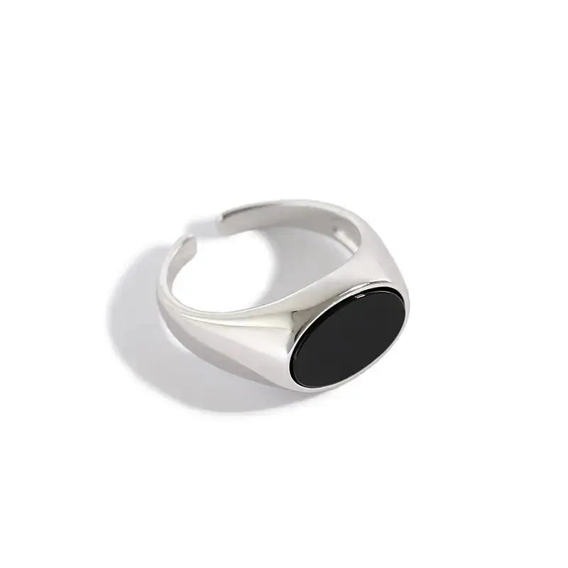 Lovcia Geometry Created Black Agate 925 Sterling Silver Adjustable Ring-Rings-Index Fnger Ring-Index Fnger Ring
