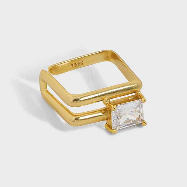 Lovcia Geometry CZ Square Hollow Double Layer Ring Gold-Rings-Yellow Gold-Yellow Gold