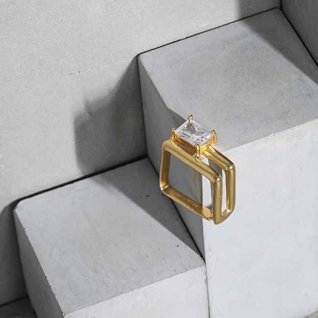 Lovcia Geometry CZ Square Hollow Double Layer Ring Gold-Rings-Yellow Gold-Yellow Gold