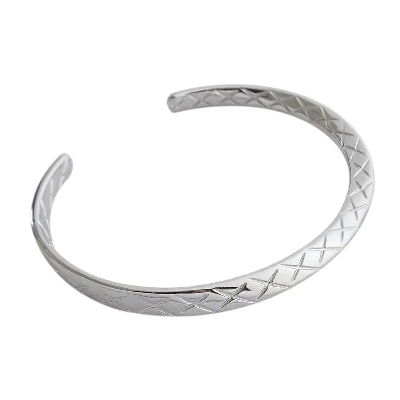 Lovcia Geometry Diamond Check 925 Sterling Silver Open Bangle-Bracelets-Silver-Silver