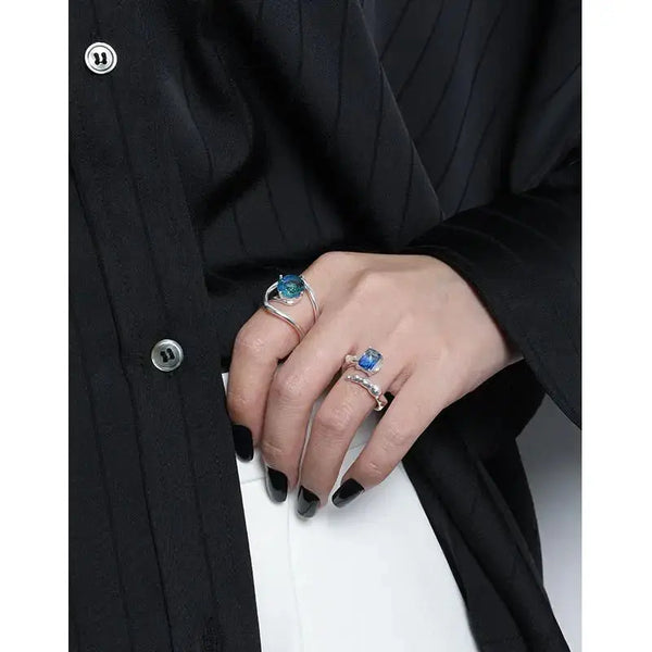Lovcia Geometry Emerald Shading Blue CZ 925 Sterling Silver Adjustable Ring-Rings-