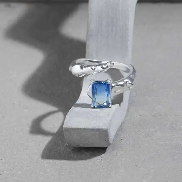 Lovcia Geometry Emerald Shading Blue CZ 925 Sterling Silver Adjustable Ring-Rings-