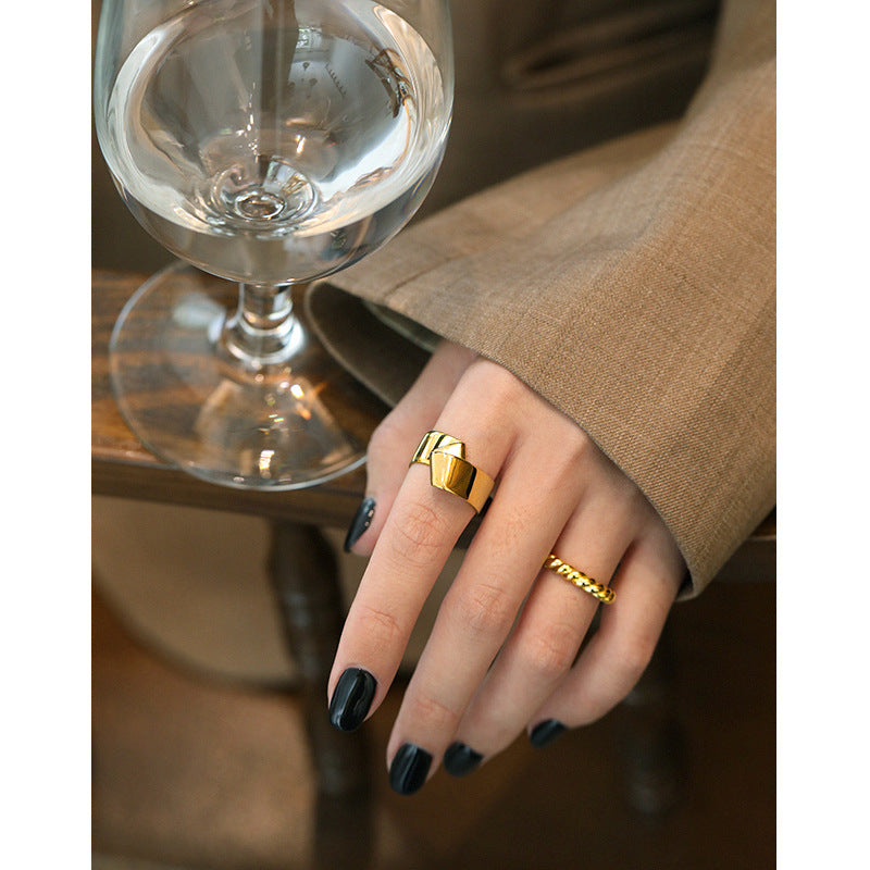 Lovcia Geometry Folds 925 Sterling Silver Adjustable Ring-Rings-Yellow Gold-Yellow Gold