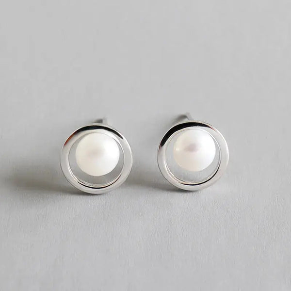 Lovcia Geometry Hollow Circle Round Natural Pearl 925 Sterling Silver Stud Earrings-Earrings-Rhodium-Rhodium