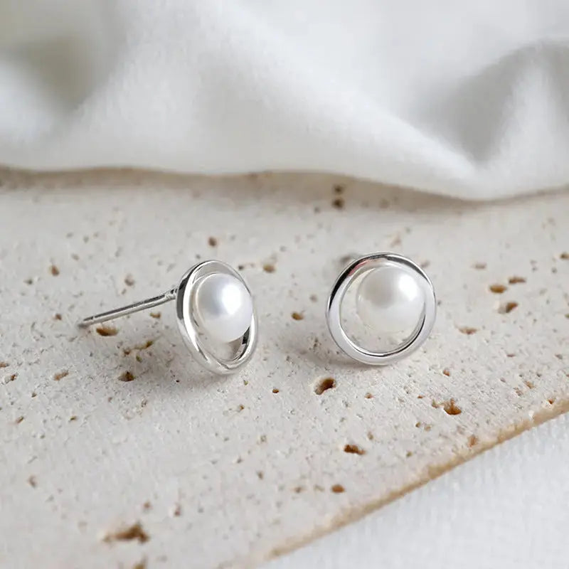 Lovcia Geometry Hollow Circle Round Natural Pearl 925 Sterling Silver Stud Earrings-Earrings-Rhodium-Rhodium