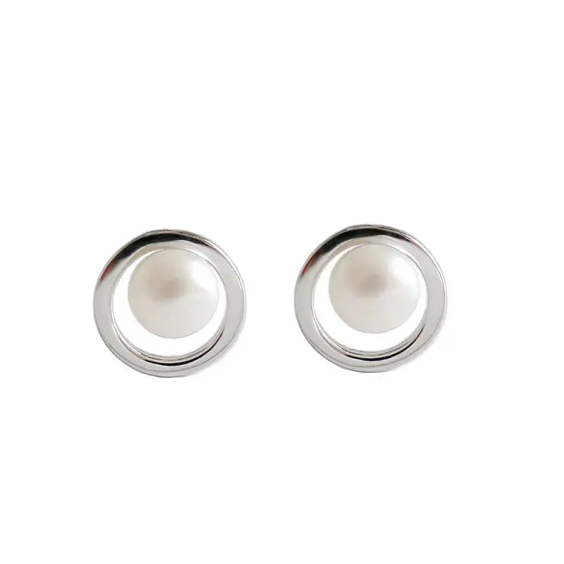Lovcia Geometry Hollow Circle Round Natural Pearl 925 Sterling Silver Stud Earrings-Earrings-Rhodium-Rhodium