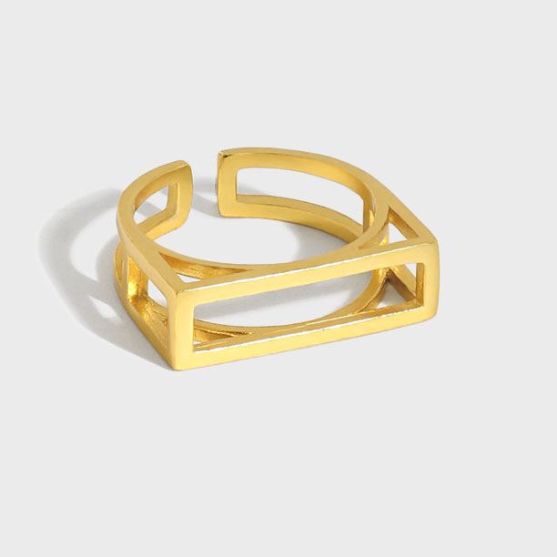 Lovcia Geometry Hollow Rectangle Adjustable Ring 925 Gold-Rings-Yellow Gold-Yellow Gold