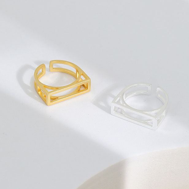 Lovcia Geometry Hollow Rectangle Adjustable Ring 925 Gold-Rings-Yellow Gold-Yellow Gold