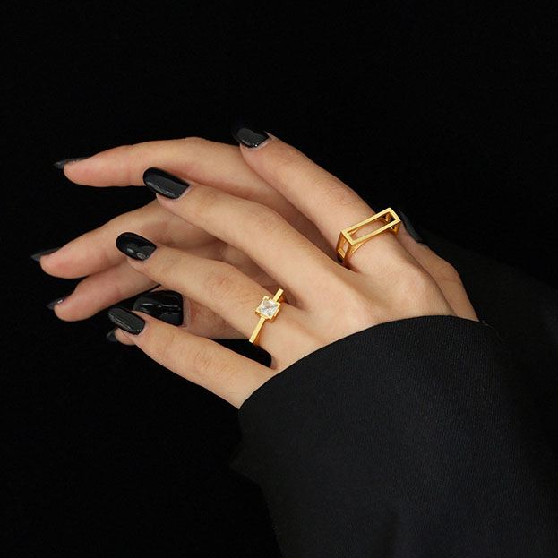 Lovcia Geometry Hollow Rectangle Adjustable Ring 925 Gold-Rings-Yellow Gold-Yellow Gold