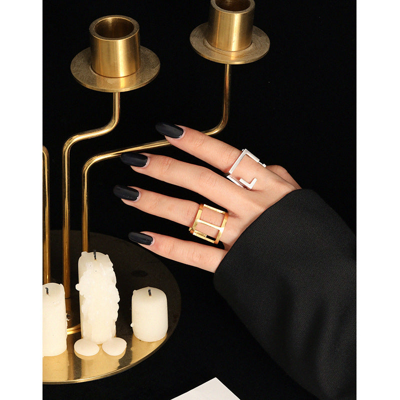 Lovcia Geometry Hollow Square Adjustable Ring Gold Tone-Rings-Yellow Gold-Yellow Gold