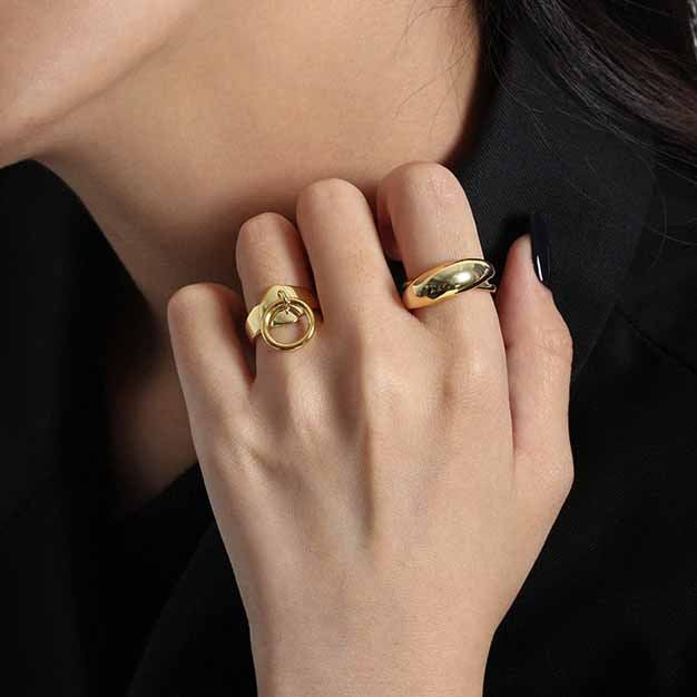Lovcia Geometry Oval Sterling Silver Adjustable Ring Gold-Rings-Yellow Gold-Yellow Gold