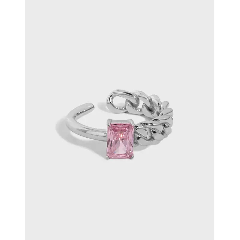 Lovcia Geometry Rectangle CZ Chain 925 Sterling Silver Adjustable Ring-Rings-Pink CZ-Pink CZ