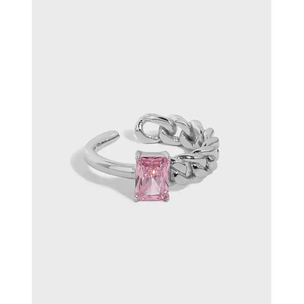 Lovcia Geometry Rectangle CZ Chain 925 Sterling Silver Adjustable Ring-Rings-Pink CZ-Pink CZ