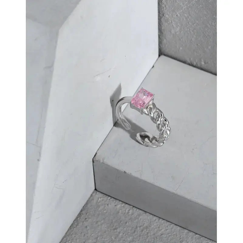 Lovcia Geometry Rectangle CZ Chain 925 Sterling Silver Adjustable Ring-Rings-White CZ-White CZ