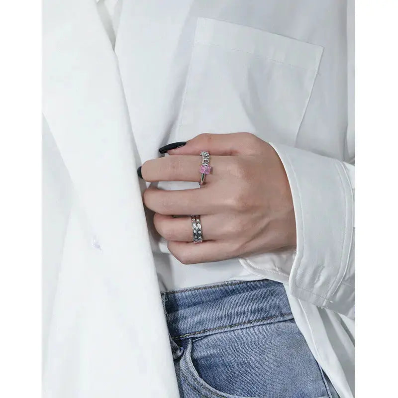 Lovcia Geometry Rectangle CZ Chain 925 Sterling Silver Adjustable Ring-Rings-White CZ-White CZ