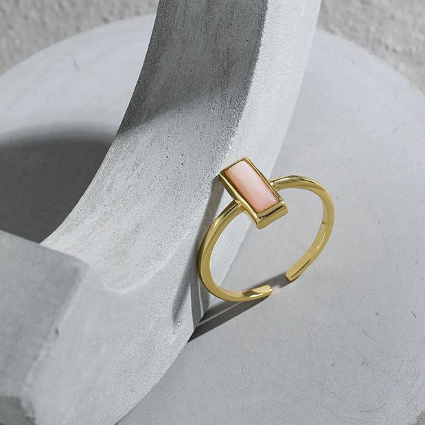Lovcia Geometry Rectangle Pink Shell Ring Adjustable Gold-Rings-Yellow Gold-Yellow Gold