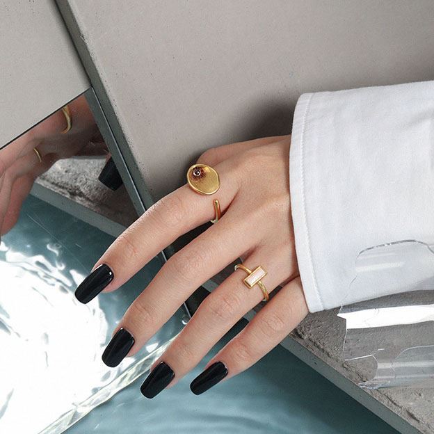Lovcia Geometry Rectangle Pink Shell Ring Adjustable Gold-Rings-Yellow Gold-Yellow Gold