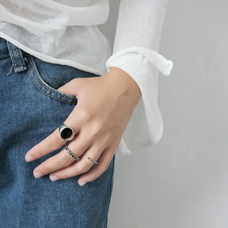 Lovcia Geometry Round Black Epoxy 925 Sterling Silver Adjustable Ring-Rings-Rhodium-Rhodium