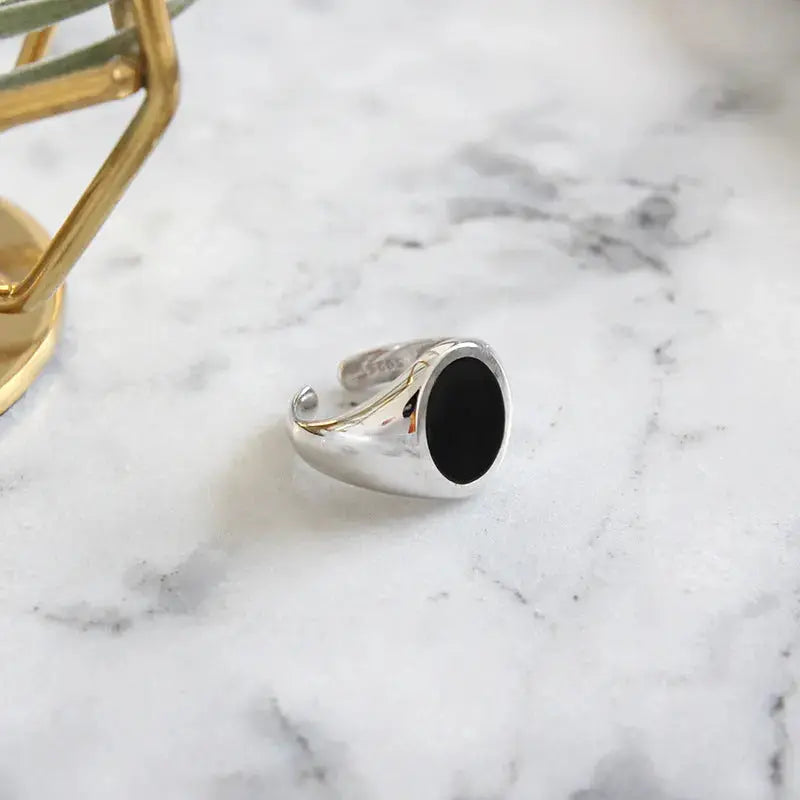 Lovcia Geometry Round Black Epoxy 925 Sterling Silver Adjustable Ring-Rings-Rhodium-Rhodium