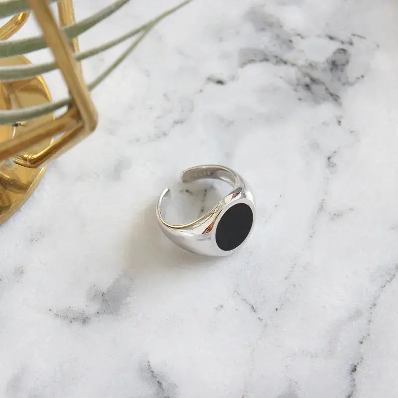 Lovcia Geometry Round Black Epoxy 925 Sterling Silver Adjustable Ring-Rings-Rhodium-Rhodium