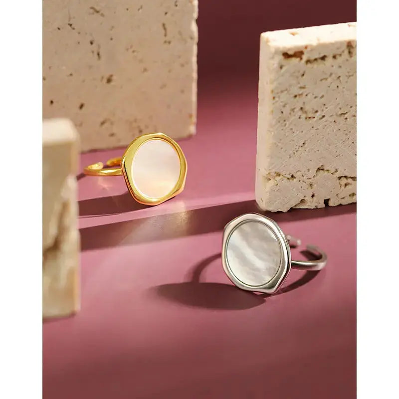 Lovcia Geometry Round Mother of Shell 925 Sterling Silver Adjustable Ring-Rings-Rhodium-Rhodium