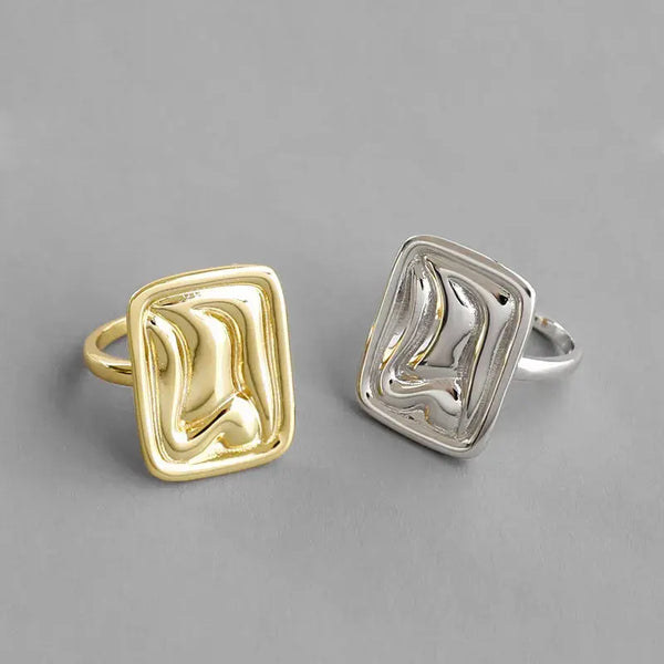 Lovcia Geometry Sand Beach Aquare 925 Sterling Silver Adjustable Ring-Rings-Rhodium-Rhodium