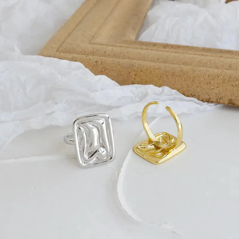 Lovcia Geometry Sand Beach Aquare 925 Sterling Silver Adjustable Ring-Rings-Rhodium-Rhodium