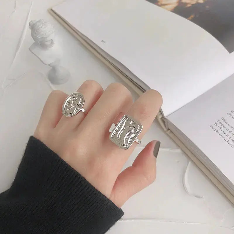 Lovcia Geometry Sand Beach Aquare 925 Sterling Silver Adjustable Ring-Rings-Rhodium-Rhodium
