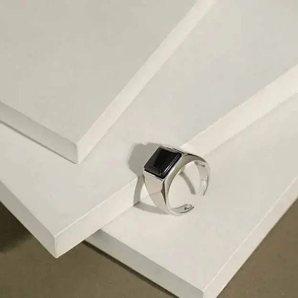 Lovcia Geometry Square Created Black Agate 925 Sterling Silver Adjustable Ring-Rings-