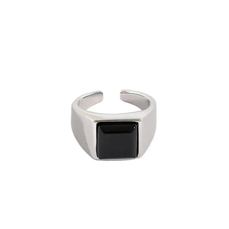 Lovcia Geometry Square Created Black Agate 925 Sterling Silver Adjustable Ring-Rings-