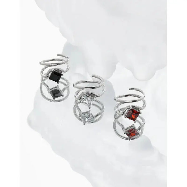 Lovcia Geometry Square CZ Double Layers 925 Sterling Silver Adjustable Tail Ring-Rings-White CZ-White CZ