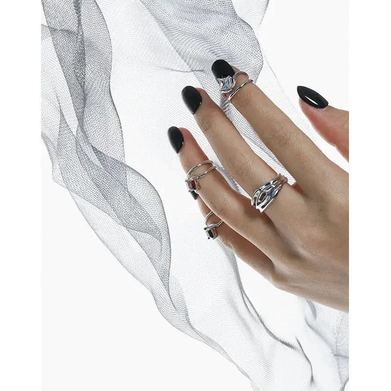 Lovcia Geometry Square CZ Double Layers 925 Sterling Silver Adjustable Tail Ring-Rings-White CZ-White CZ