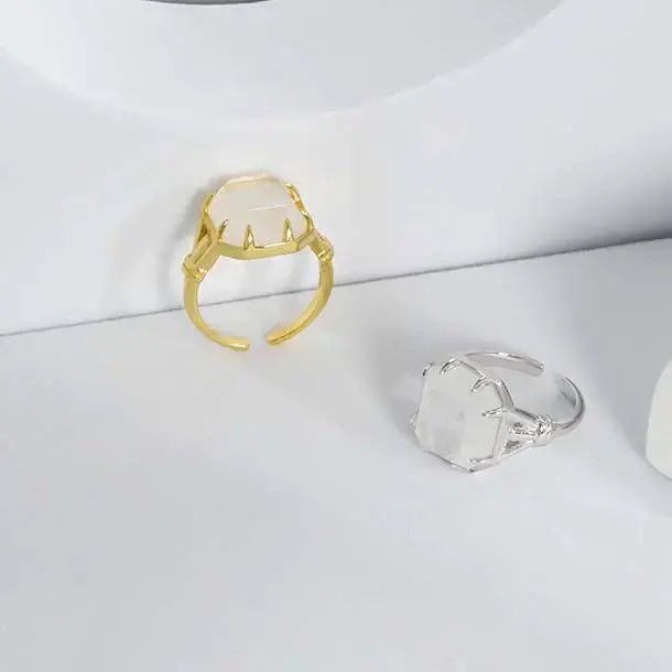 Lovcia Geometry Square Natural Crystal 925 Sterling Silver Adjustable Ring-Rings-Silver-Silver