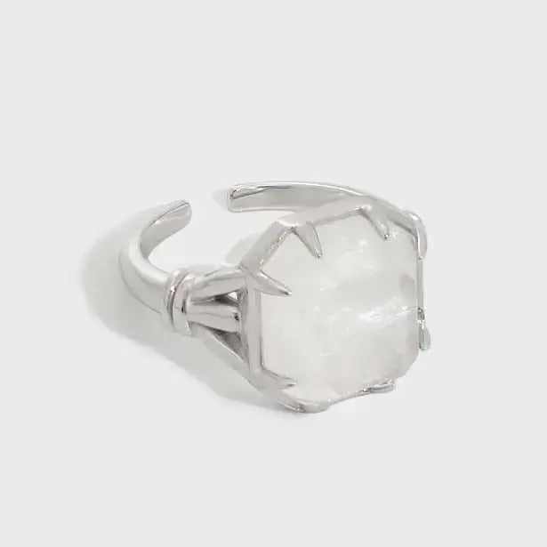 Lovcia Geometry Square Natural Crystal 925 Sterling Silver Adjustable Ring-Rings-Silver-Silver