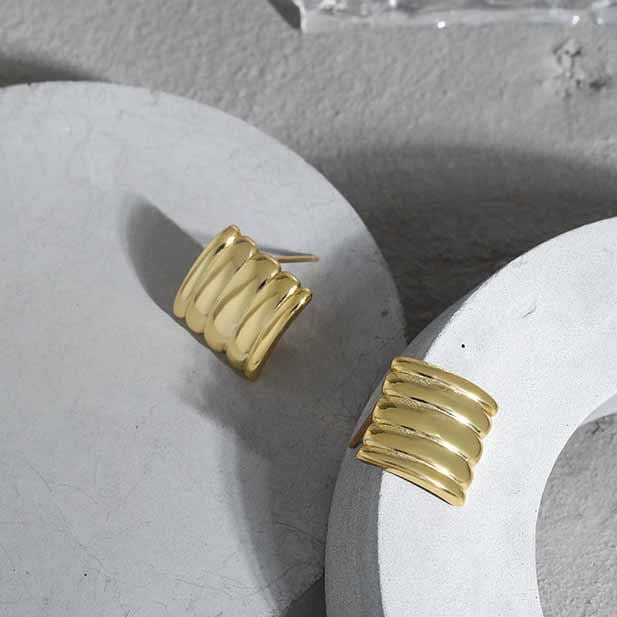 Lovcia Geometry Strips Gold 13x13.5mm Stud Earrings-Earrings-Yellow Gold-Yellow Gold