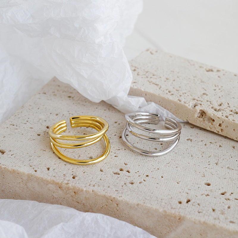 Lovcia Geometry Triple Layers Adjustable Open Ring Gold-Rings-Yellow Gold-Yellow Gold