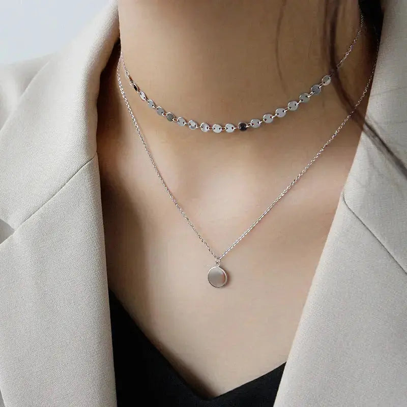 Lovcia Geometry Wafer Double Layer 925 Sterling Silver Necklace-Necklaces-Silver-Silver