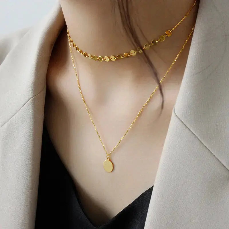 Lovcia Geometry Wafer Double Layer 925 Sterling Silver Necklace-Necklaces-Silver-Silver