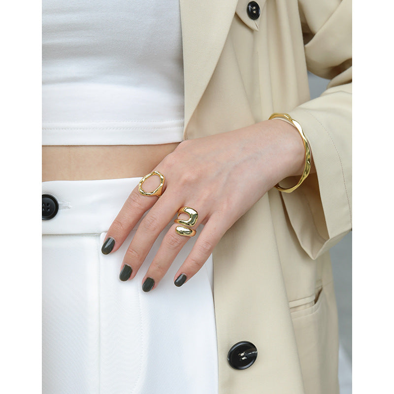 Lovcia Geometry Wide Double Layer Adjustable Ring Gold-Rings-Yellow Gold-Yellow Gold