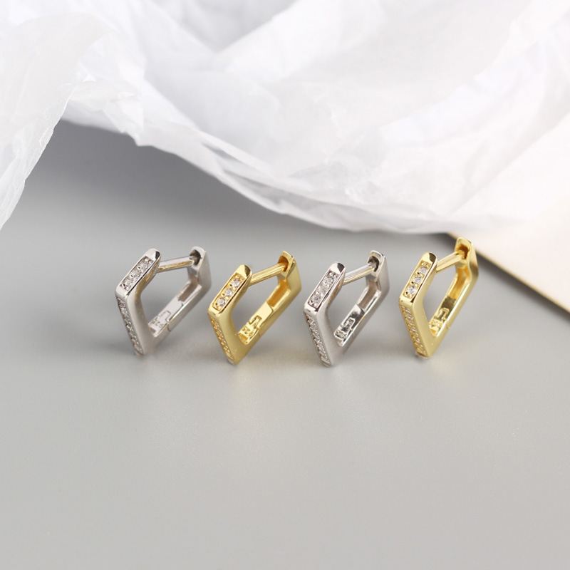 Lovcia GeometryCZ Quadrilateral Hoop Earrings 14mm Gold-Earrings-Yellow Gold-Yellow Gold